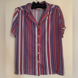 Vintage 1970s “Center Stage” Lightweight Short-Sleeve Button-Up Striped Blouse